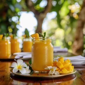 glass jars with mango juice on table