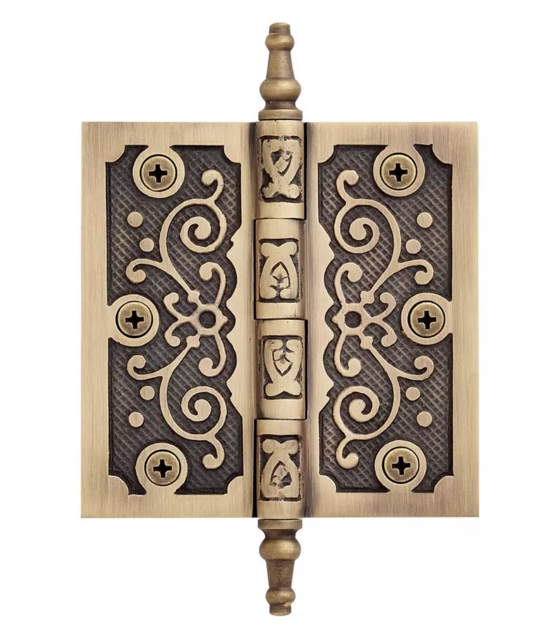Luxury antique style door hinge with two-tone brass finish and ornate decorative detailing